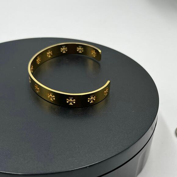 Tory Burch Designer Miller Logo T Cutout Logo Gold Plated Cuff Bracelet - Picture 3 of 7